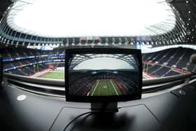 LONDON, ENGLAND - OCTOBER 13: General view inside the stadium of a television screen showing the stadium ahead of the NFL game between Carolina Panthers and Tampa Bay Buccaneers at Tottenham Hotspur Stadium on October 13, 2019 in London, England. (Photo by Naomi Baker/Getty Images)