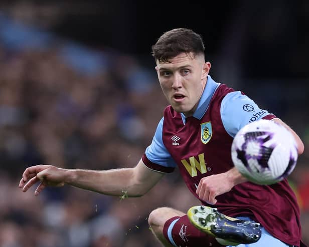 BURNLEY, ENGLAND - APRIL 02: Dara O'Shea of Burnley during the Premier League match between Burnley FC and Wolverhampton Wanderers at Turf Moor on April 02, 2024 in Burnley, England. (Photo by Alex Livesey/Getty Images)