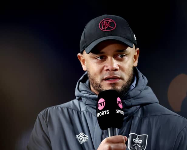 BURNLEY, ENGLAND - JANUARY 12: Vincent Kompany, Manager of Burnley, speaks to the media prior to the Premier League match between Burnley FC and Luton Town at Turf Moor on January 12, 2024 in Burnley, England. (Photo by Naomi Baker/Getty Images)