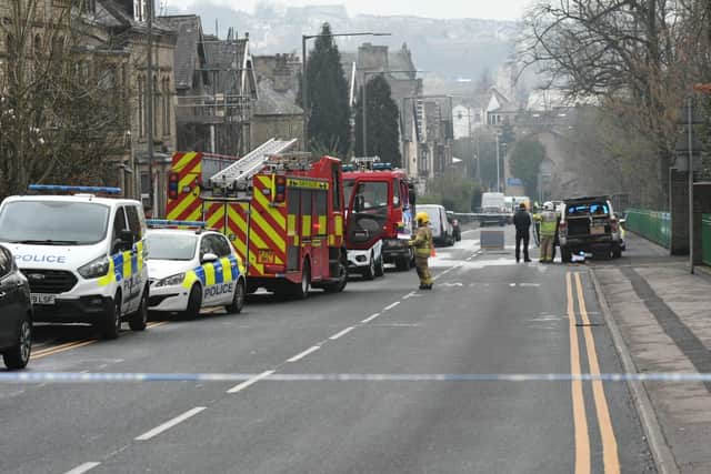 Ormerod Road has been closed while fire crew tackle the blaze in Talbot Street, Burnley.