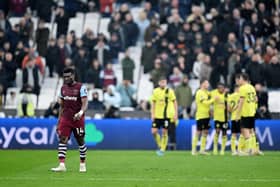 LONDON, ENGLAND - MARCH 10: Mohammed Kudus  of West Ham United looks dejected after teammate Konstantinos Mavropanos (not pictured) scores an own-goal and Burnley's second goal during the Premier League match between West Ham United and Burnley FC at the London Stadium on March 10, 2024 in London, England. (Photo by Justin Setterfield/Getty Images)