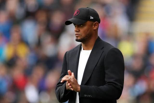 BURNLEY, ENGLAND - AUGUST 27: Vincent Kompany, Manager of Burnley, looks on prior to the Premier League match between Burnley FC and Aston Villa at Turf Moor on August 27, 2023 in Burnley, England. (Photo by Lewis Storey/Getty Images)