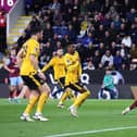 BURNLEY, ENGLAND - APRIL 02: Jacob Bruun Larsen of Burnley scores his team's first goal during the Premier League match between Burnley FC and Wolverhampton Wanderers at Turf Moor on April 02, 2024 in Burnley, England. (Photo by Alex Livesey/Getty Images) (Photo by Alex Livesey/Getty Images)