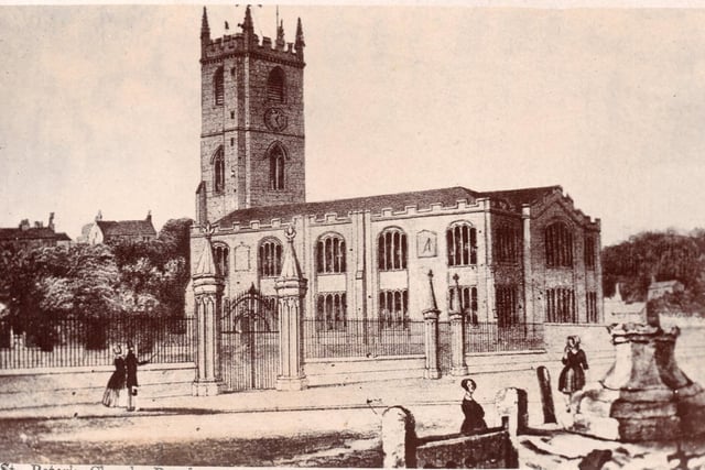 Dating to about 1852 this image is of St Peter’s before the roof was raised and the clerestory windows were added. Note the original position of the stocks, the seventeenth century market cross and possibly the whipping post, right, foreground.