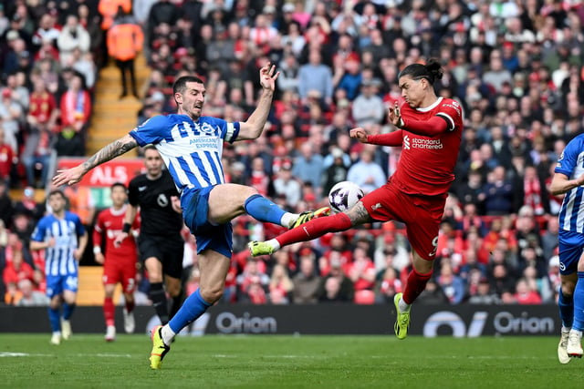 Brighton may have narrowly lost out at Anfield on Sunday afternoon, but Seagulls captain Lewis Dunk earns a spot in our team of the week. In a strong defensive display, the 32-year-old won four aerial duels, made one tackle, three interceptions, eight clearances and three blocks.