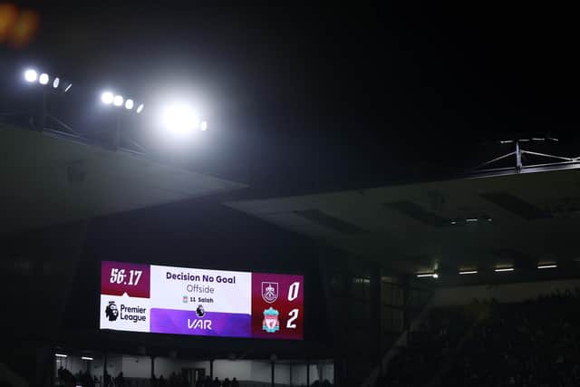 BURNLEY, ENGLAND - DECEMBER 26: A general view inside the stadium as the scoreboard shows that the VAR disallows a goal scored by Harvey Elliott of Liverpool (not pictured) during the Premier League match between Burnley FC and Liverpool FC at Turf Moor on December 26, 2023 in Burnley, England. (Photo by Lewis Storey/Getty Images)