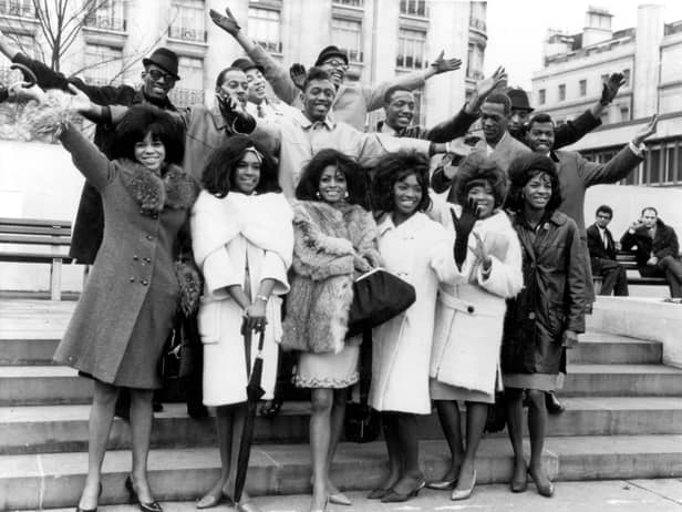 Mandatory Credit: Photo by Mediapunch/Shutterstock (10497710a)
Popgroups From the Motown Group Arrive in London 03-16-1965 Supremes L to R - Flo Mary Diana Betty Kelley Roalind Ashford Martha Reeves David Ruffin Melvin Smokey Bobby R Paul W Eddie K Ronnie and Pete
Motown 1965