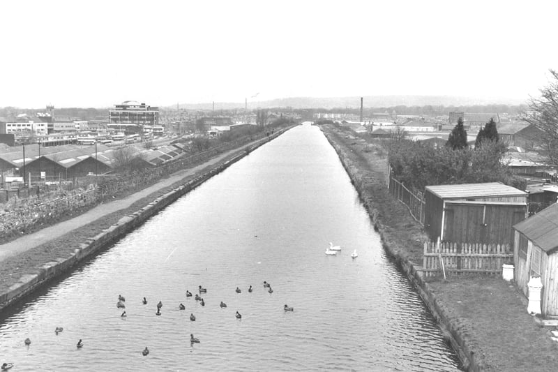 Burnley Embankment, also known as the Straight Mile, on the Leeds-Liverpool Canal in Burnley, pictured around 1985. Credit:  Lancashire County Council.