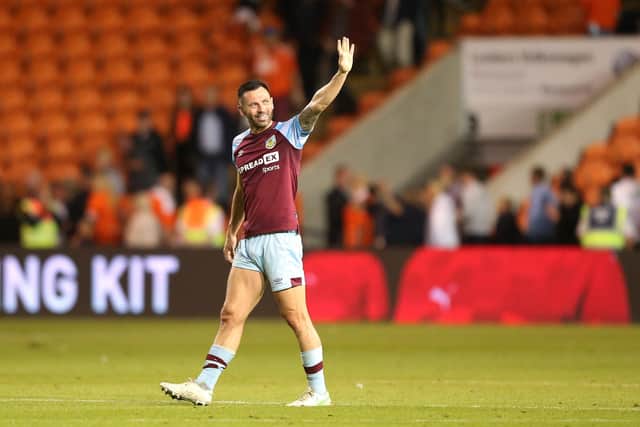 BLACKPOOL, ENGLAND - JULY 27: Phil Bardsley of Burnley acknowledges the fans after the Pre-Season Friendly match between Blackpool and Burnley at Bloomfield Road on July 27, 2021 in Blackpool, England. (Photo by Lewis Storey/Getty Images)