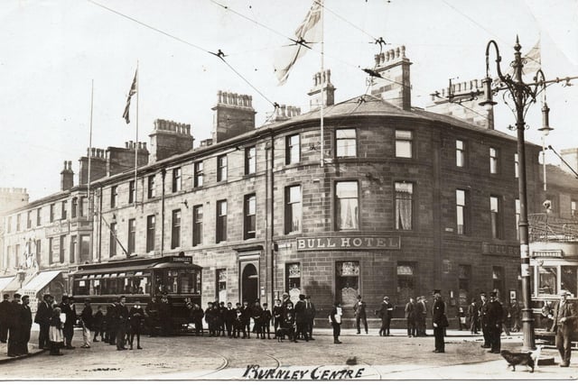 A splendid picture of the Bull Hotel, probably of 1904, when the Manchester Road electric tramway was opened.