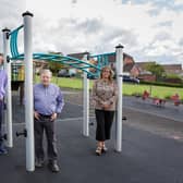 Salthill Councillor Ian Brown, Sabden Councillor Richard Newmark and Salthill Councillor Donna O’ Rourke at a refurbished Highmoor Park playground.
