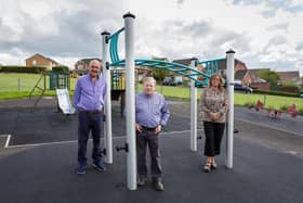 Salthill Councillor Ian Brown, Sabden Councillor Richard Newmark and Salthill Councillor Donna O’ Rourke at a refurbished Highmoor Park playground.