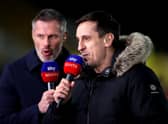 WOLVERHAMPTON, ENGLAND - MARCH 18: Gary Neville and Jamie Carragher , Ex footballers and sky sports pundits and presenters looks on during the Premier League match between Wolverhampton Wanderers and Leeds United at Molineux on March 18, 2022 in Wolverhampton, England. (Photo by Naomi Baker/Getty Images)
