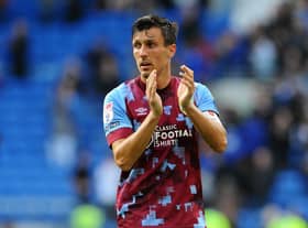 Burnley's Jack Cork applauds the fans at the final whistle 

Skybet Championship - Cardiff City v Burnley - Saturday 1st October 2022 - Cardiff City Stadium - Cardiff