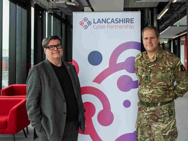 Andy Walker, chief exceutive of the Lancashire Enterprise Partnership, welcomes Lieutenant General Tom Copinger-Symes CBE, Deputy Commander, UK Strategic Command, to the county for the launch of the Lancashire Cyber Partnership