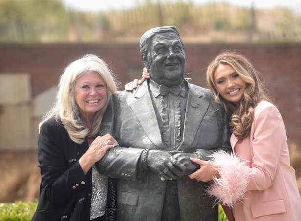 Tracey Dawson and Charlotte Dawson at the Les Dawson statue in St Annes