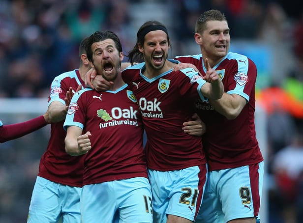PRESTON, UNITED KINGDOM - APRIL 22:  Joey Barton of Burnley celebrates with team mates as his deflected free kick goes in for the opening goal during the Sky Bet Championship match between Preston North End and Burnley at Deepdale on April 22, 2016 in Preston, England.  (Photo by Alex Livesey/Getty Images)