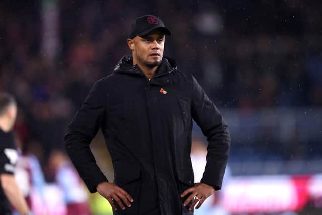 BURNLEY, ENGLAND - NOVEMBER 04: Vincent Kompany, Manager of Burnley, reacts during the Premier League match between Burnley FC and Crystal Palace at Turf Moor on November 04, 2023 in Burnley, England. (Photo by George Wood/Getty Images)