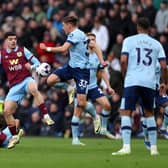 BURNLEY, ENGLAND - MARCH 16: Zeki Amdouni of Burnley battles for possession with Yehor Yarmolyuk of Brentford during the Premier League match between Burnley FC and Brentford FC at Turf Moor on March 16, 2024 in Burnley, England. (Photo by Jan Kruger/Getty Images)