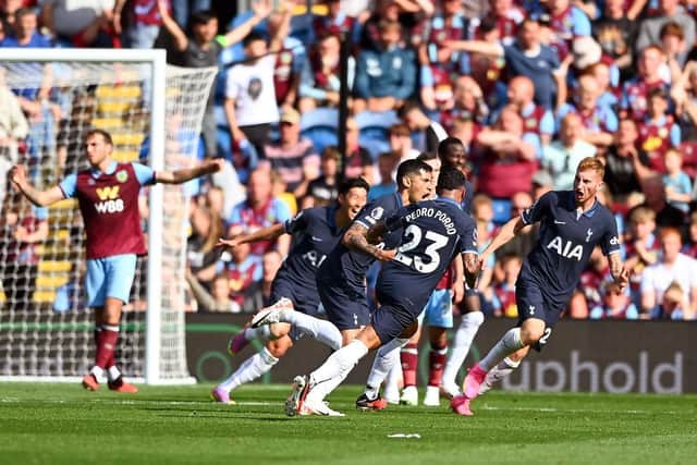 BURNLEY, ENGLAND - SEPTEMBER 02: Cristian Romero of Tottenham Hotspur celebrates after scoring the team's second goal during the Premier League match between Burnley FC and Tottenham Hotspur at Turf Moor on September 02, 2023 in Burnley, England. (Photo by Gareth Copley/Getty Images)