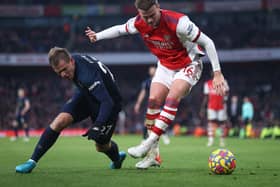 LONDON, ENGLAND - JANUARY 23:   Matej Vydra of Burnley closes down Rob Holding of Arsenal during the Premier League match between Arsenal and Burnley at Emirates Stadium on January 23, 2022 in London, England. (Photo by Julian Finney/Getty Images)