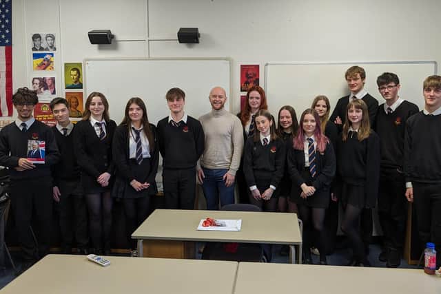 Labour candidate for Pendle and Clitheroe Jonathan Hinder with the CRGS Sixth Form Politics Society