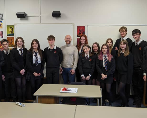 Labour candidate for Pendle and Clitheroe Jonathan Hinder with the CRGS Sixth Form Politics Society