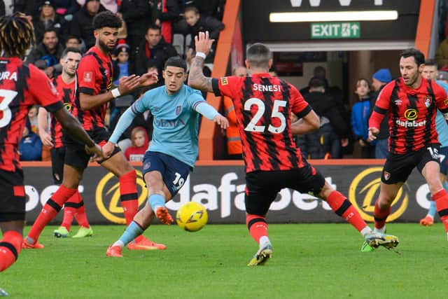 Burnley's Anass Zaroury (centre) scores his side's third goal 

The Emirates FA Cup Third Round - Bournemouth v Burnley - Saturday 7th January 2023 - Dean Court - Bournemouth