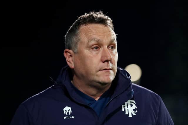 BIRKENHEAD, ENGLAND - MARCH 11: Micky Mellon, Manager of Tranmere Rovers looks on prior to the Sky Bet League Two match between Tranmere Rovers and Mansfield Town at Prenton Park on March 11, 2022 in Birkenhead, England. (Photo by Lewis Storey/Getty Images)