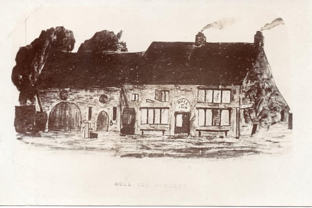 The Bull, originally the Black Bull, as it was in about 1800. It was founded in a small farm with barn attached. Notice the hand pump for water.