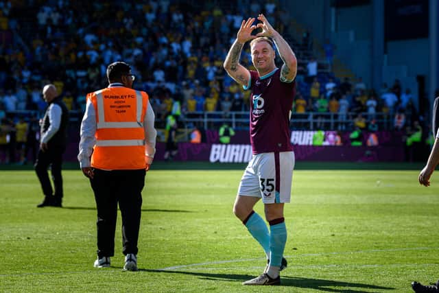 Ashley Barnes thanks the fans following the 1-1 draw with Wolves at Turf Moor. Photo: Kelvin Lister-Stuttard