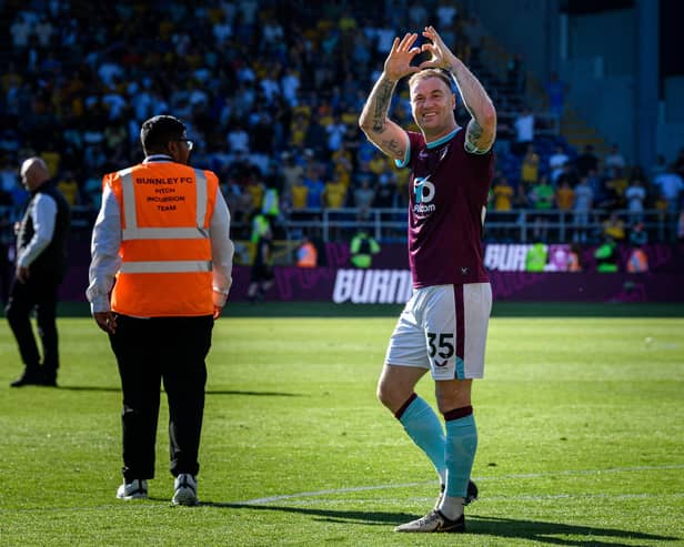 Ashley Barnes thanks the fans following the 1-1 draw with Wolves at Turf Moor. Photo: Kelvin Lister-Stuttard