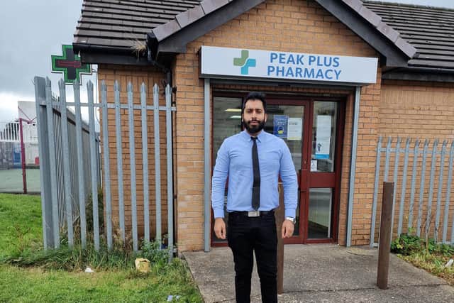 Pharmacist Mubashir Ahmed at Peak Plus Pharmacy which is offering a free prescription delivery service and blood pressure checks