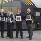 Transdev’s Lancashire award winners include, from left: Burnley Bus Station Cleaner Maqsood Khan; Blackburn Driver Martin Carlin; The Academy Driving Instructor Tracey Appleyard; Blackburn Driver Irfan Ifrhkhar; and Rosso Operations Manager Lee Wardle. IT Service Manager Dan McGinty was also named among the winners in the bus firm’s two awards schemes.
