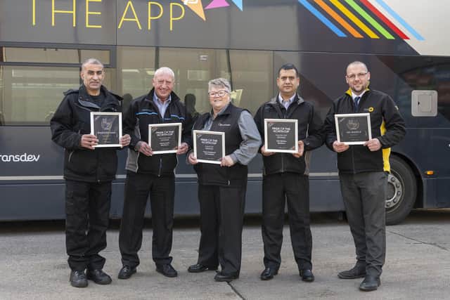 Transdev’s Lancashire award winners include, from left: Burnley Bus Station Cleaner Maqsood Khan; Blackburn Driver Martin Carlin; The Academy Driving Instructor Tracey Appleyard; Blackburn Driver Irfan Ifrhkhar; and Rosso Operations Manager Lee Wardle. IT Service Manager Dan McGinty was also named among the winners in the bus firm’s two awards schemes.
