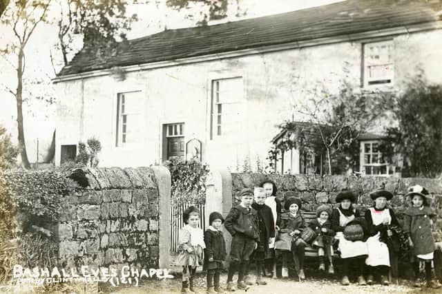 Bashall Eaves Chapel with children in the early 1900s. Photo by Clint Whalley, courtesy of Lois Wharton