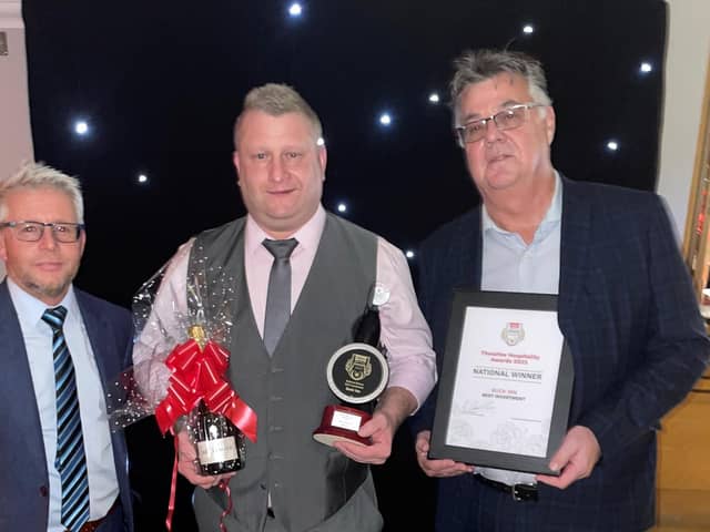 Ian Parkinson, Steve Corny and Chris Wright with the Buck Inn's Thwaites Hospitality Award.