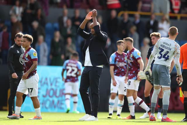 BURNLEY, ENGLAND - AUGUST 06: Vincent Kompany, manager of Burnley FC thanks the home supporters after the Sky Bet Championship match between Burnley and Luton Town at Turf Moor on August 06, 2022 in Burnley, England. (Photo by Ashley Allen/Getty Images)