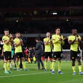LONDON, ENGLAND - NOVEMBER 11: Players of Burnley acknowledge the fans following the team's defeat during the Premier League match between Arsenal FC and Burnley FC at Emirates Stadium on November 11, 2023 in London, England. (Photo by Marc Atkins/Getty Images)