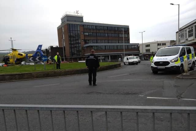 The North West Air Ambulance landed on a roundabout in Burnley town centre this afternoon in response to an incident