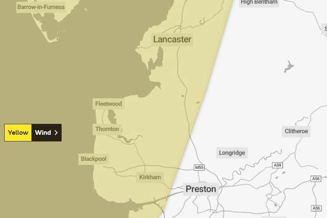 The weather alert for strong winds covers much of the Fylde coast (Credit: Met Office)