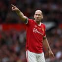 MANCHESTER, ENGLAND - MAY 21: Jaap Stam of Manchester United during the Legends of the North match between Manchester United and Liverpool at Old Trafford on May 21, 2022 in Manchester, England. (Photo by Gareth Copley/Getty Images)