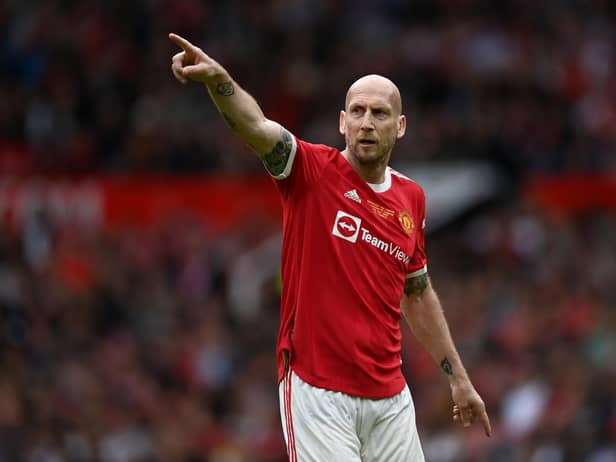 MANCHESTER, ENGLAND - MAY 21: Jaap Stam of Manchester United during the Legends of the North match between Manchester United and Liverpool at Old Trafford on May 21, 2022 in Manchester, England. (Photo by Gareth Copley/Getty Images)