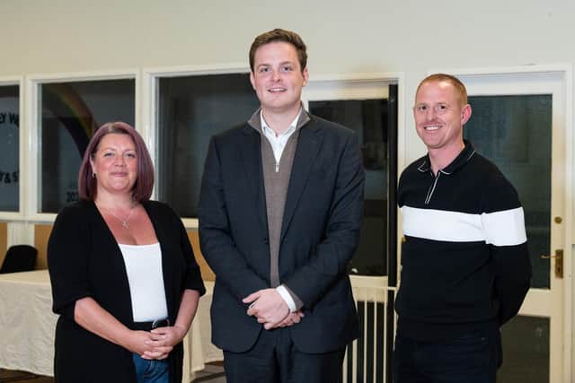 (l-r) Sharon Lord, MP Oliver Ryan and Andy McKnight. Photo: Kelvin Lister-Stuttard
