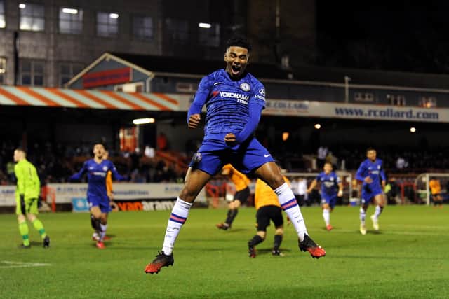 ALDERSHOT, ENGLAND - FEBRUARY 10: Ian Maatsen of Chelsea celebrates scoring his team's first goal during the FA Youth Cup Fifth Round match between Chelsea U18 and Wolverhampton Wanderers U18 at EBB Stadium on February 10, 2020 in Aldershot, England. (Photo by Alex Burstow/Getty Images)