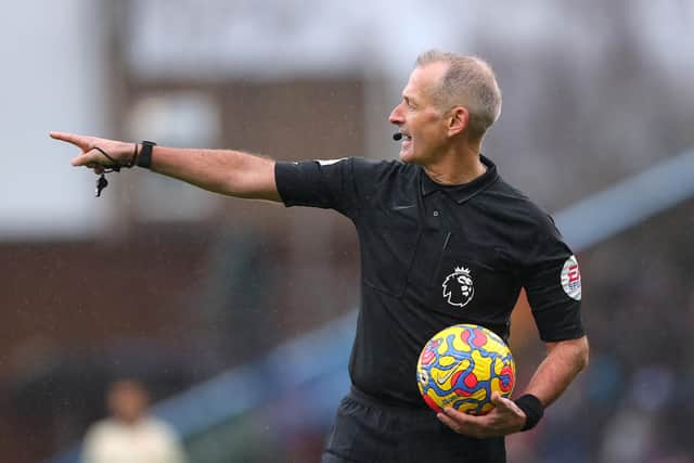BURNLEY, ENGLAND - FEBRUARY 13:  Referee Martin Atkinson during the Premier League match between Burnley and Liverpool at Turf Moor on February 13, 2022 in Burnley, England. (Photo by Alex Livesey/Getty Images)