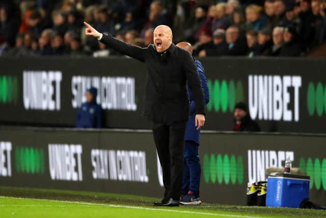 BURNLEY, ENGLAND - APRIL 06: Sean Dyche, Manager of Burnley reacts during the Premier League match between Burnley and Everton at Turf Moor on April 06, 2022 in Burnley, England. (Photo by Jan Kruger/Getty Images)
