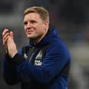 NEWCASTLE UPON TYNE, ENGLAND - MAY 16: Eddie Howe, Manager of Newcastle United applauds the fans following their side's victory in the Premier League match between Newcastle United and Arsenal at St. James Park on May 16, 2022 in Newcastle upon Tyne, England. (Photo by Stu Forster/Getty Images)
