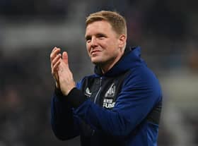NEWCASTLE UPON TYNE, ENGLAND - MAY 16: Eddie Howe, Manager of Newcastle United applauds the fans following their side's victory in the Premier League match between Newcastle United and Arsenal at St. James Park on May 16, 2022 in Newcastle upon Tyne, England. (Photo by Stu Forster/Getty Images)