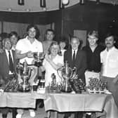 Burnley’s Vince Overson hands over the Ladies Domino Trophy to Plumbe Street Miners Club team captain Joyce Grindle.
Burnley F.C. defender Vince Overson was at Plumbe St. Miners to present the trophies for the Club and Institute Union’s crib, don and dominoes league. More than 170 people were at the club. Club steward Barry Hartley said “Everything went smoothly and it was a great night.”